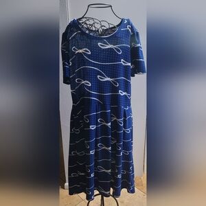 LuLaRoe Blue Midi Dress with White Bow Print